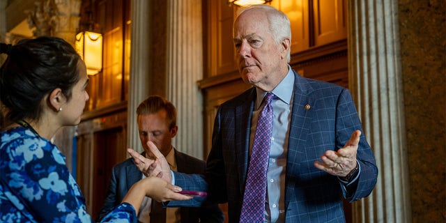 Sen. John Cornyn, R-Texas, speaks to reporters ahead of a weekly Republican luncheon on Capitol Hill June 22, 2022, in Washington, D.C. 