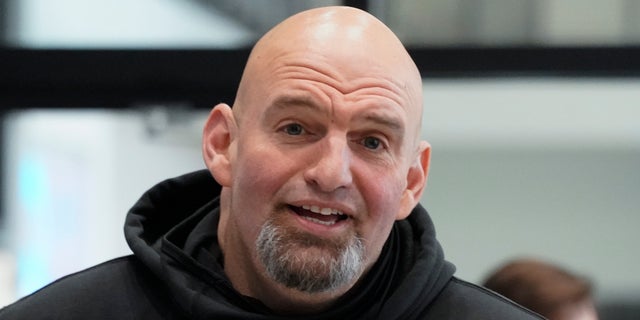 Pennsylvania Lt. Gov. John Fetterman, the front-runner in the 2022 Democratic Senate primary, campaigns at the Steamfitters Technology Center in Harmony, Pa, on March 4, 2022. 