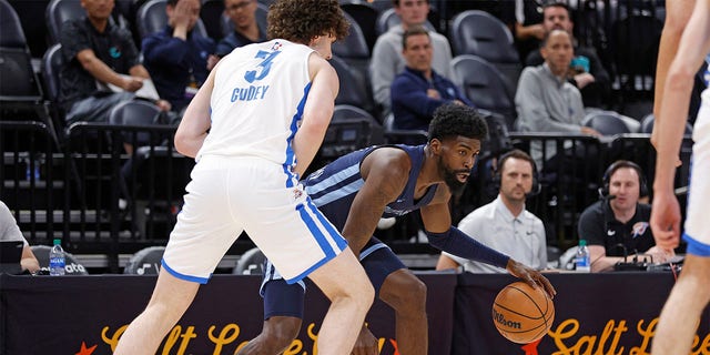 Memphis Grizzlies guard Shaq Buchanan is defended by Oklahoma City Thunder guard Josh Giddey (3) during the first half of an NBA summer league basketball game Wednesday, July 6, 2022, in Salt Lake City. 