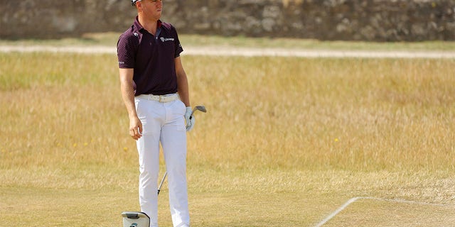 Justin Thomas of The United States looks on from the 2nd during a practice round prior to The 150th Open at St Andrews Old Course on July 11, 2022 in St Andrews, Scotland. 