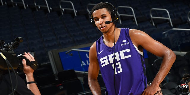 Keegan Murray #13 of the Sacramento Kings is interviewed after the 2022 California Classic on July 5, 2022 at Chase Center in San Francisco, California. 