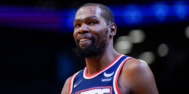 The Brooklyn Nets' Kevin Durant during the first half of a game against the Indiana Pacers at the Barclays Center Apr. 10, 2022, in New York. 