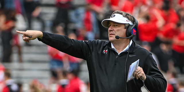 Georgia Bulldogs Head Coach Kirby Smart during the G-Day intrasquad spring game on April 16, 2022 at Sanford Stadium in Athens, GA.