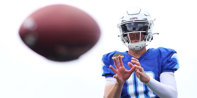 Kyle Sloter of the New Orleans Breakers warms up before a game against the Tampa Bay Bandits at Protective Stadium June 12, 2022, in Birmingham, Ala.