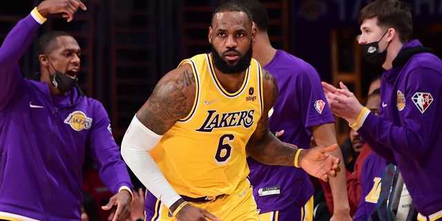 LeBron James (6) of the Los Angeles Lakers during a game against the Boston Celtics Dec. 7, 2021, at Staples Center in Los Angeles.