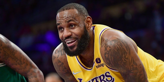 LeBron James of the Los Angeles Lakers smiles during a game against the Boston Celtics Dec. 7, 2021, at Staples Center in Los Angeles. 