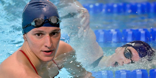 UPenn transgender swimmer Lia Thomas speaks to her coach after winning the 500-meter freestyle during an NCAA college swimming meet with Harvard.