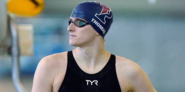 Pennsylvania's Lia Thomas waits for a preliminary heat in the Women's NCAA 500 meter freestyle swimming championship start Thursday, March 17, 2022, in at Georgia Tech in Atlanta.