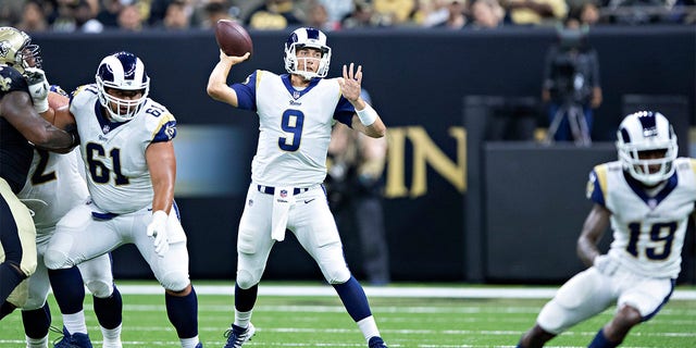 Luis Perez #9 of the Los Angeles Rams throws a pass during a game against the New Orleans Saints at Mercedes-Benz Superdome during week 4 of the preseason on Aug. 30, 2018 in New Orleans, Louisiana. The Saints defeated the Rams 28-0.  