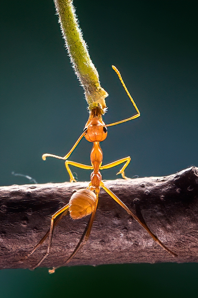 Weaver ants use their strength to build houses by sewing leaves together with larval silk.