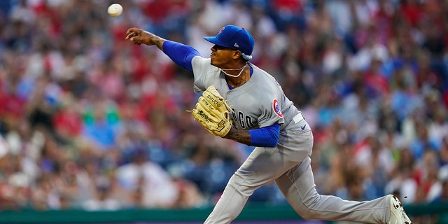 The Chicago Cubs' Marcus Stroman pitches during the sixth inning against the Philadelphia Phillies Saturday, July 23, 2022, in Philadelphia.
