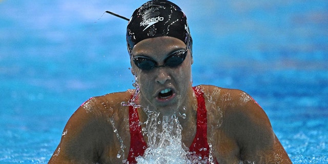 Canada's Mary-Sophie Harvey competes in the women's 200m medley semifinals during the Budapest 2022 World Aquatics Championships at Duna Arena in Budapest on June 18, 2022.