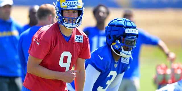 Matthew Stafford #9 of the Los Angeles Rams participates in drills during mini camp on June 7, 2022 at the team's facility at California Lutheran University in Thousand Oaks, California. 