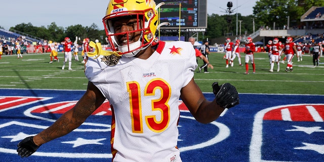 Philadelphia Stars wide receiver Maurice Alexander celebrates after returning a punt 87 yards for the game-winning touchdown during a USFL playoff game against the New Jersey Generals June 25, 2022, at Tom Benson Hall of Fame Stadium in Canton, Ohio.