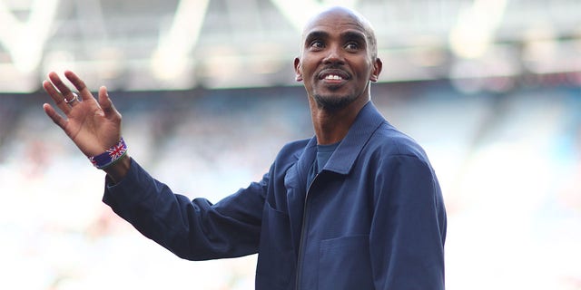 Sir Mo Farah of Team England waves to the fans prior to the Soccer Aid for Unicef 2022 match between Team England and Team World XI at London Stadium on June 12, 2022 in London, England.