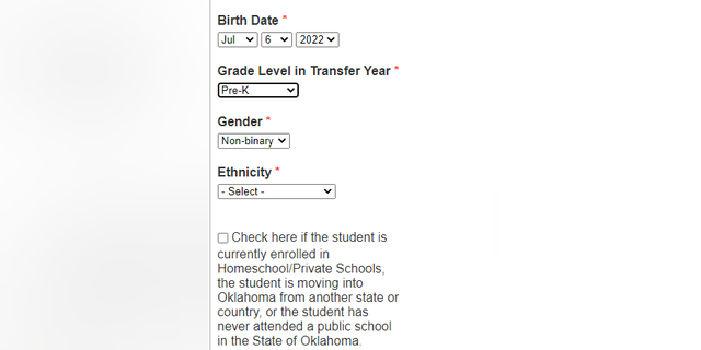 Screenshot of the Oklahoma State Department of Education's drop-down menu offering "non-binary" as a gender option for preschoolers.