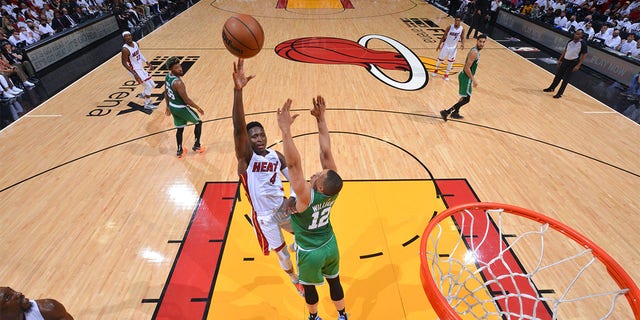 Victor Oladipo #4 of the Miami Heat shoots the ball against the Boston Celtics during Game 7 of the 2022 NBA Playoffs Eastern Conference Finals on May 29, 2022 at FTX Arena in Miami, Florida.