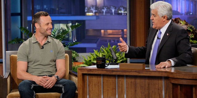 Olympian Oscar Pistorius during an interview with "Tonight Show" host Jay Leno on October 9, 2012.