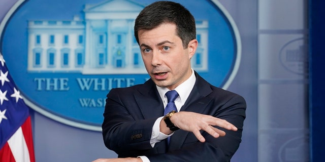 Transportation Secretary Pete Buttigieg speaks during the daily briefing at the White House in Washington, Monday, Nov. 8, 2021.