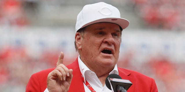 Pete Rose speaks during a statue-dedication ceremony before a baseball game between the Cincinnati Reds and the Los Angeles Dodgers, June 17, 2017, in Cincinnati. Rose will make an appearance on the field in Philadelphia next month. Baseball’s career hits leader will be part of Phillies alumni weekend, and will be introduced on the field alongside many former teammates from the 1980 World Series championship team on Aug. 7.  