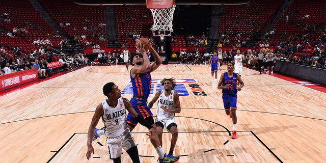 Quentin Grimes #6 of New York Knicks shoots the ball during the game against the Portland Trail Blazers  during the 2022 Las Vegas Summer League on July 11, 2022 at the Thomas &amp;amp; Mack Center in Las Vegas, Nevada