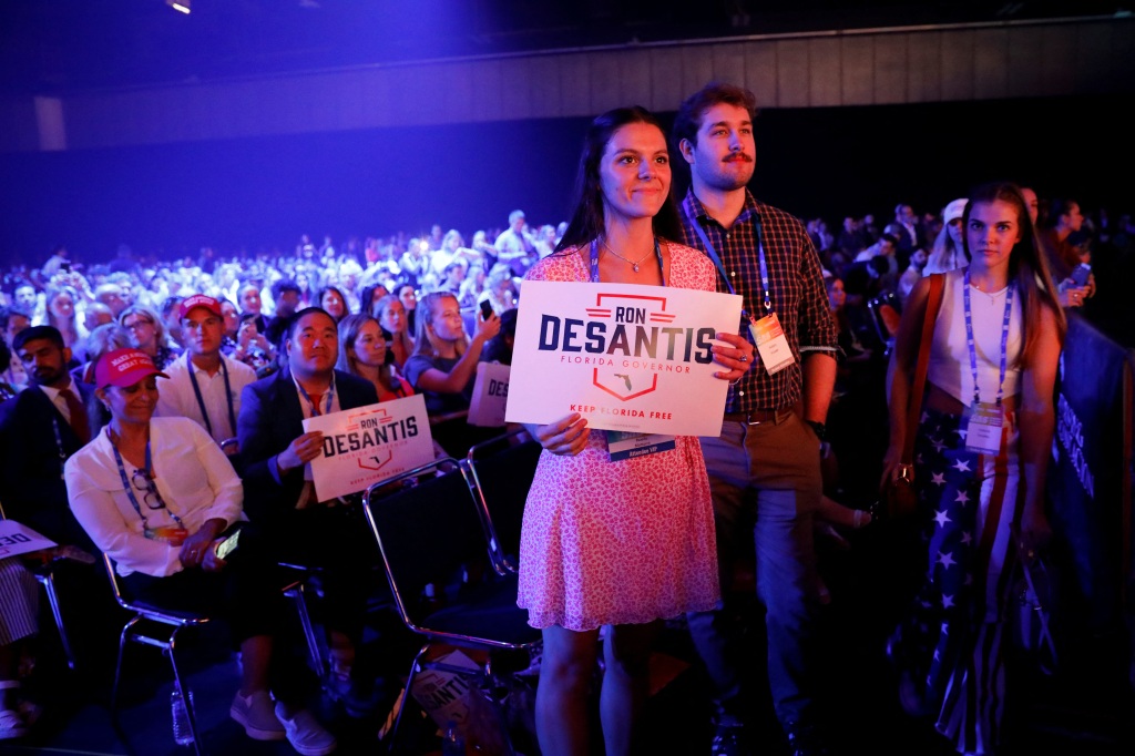 Supporters listen as U.S. Florida Gov. Ron DeSantis speaks during the Turning Point USA’s Student Action Summit in Tampa.