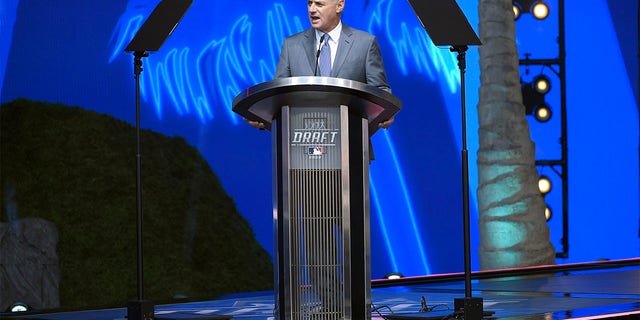 Robert Manfred, commissioner of Major League Baseball, opens the 2022 MLB Draft at XBOX Plaza on July 17, 2022 in Los Angeles, California. 