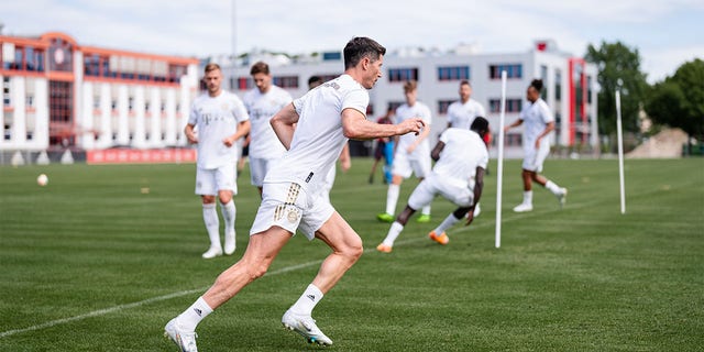 Robert Lewandowski of FC Bayern Muenchen during a training session of FC Bayern München at Saebener Strasse training ground on July 13, 2022 in Munich, Germany. 