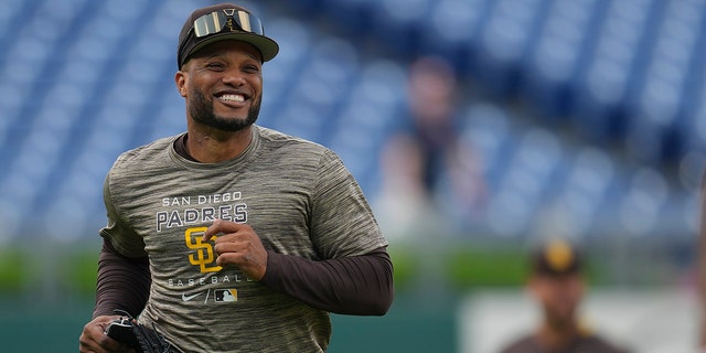 Robinson Cano #24 of the San Diego Padres reacts prior to the game against the Philadelphia Phillies at Citizens Bank Park on May 17, 2022 in Philadelphia, Pennsylvania. The Padres defeated the Phillies 3-0.