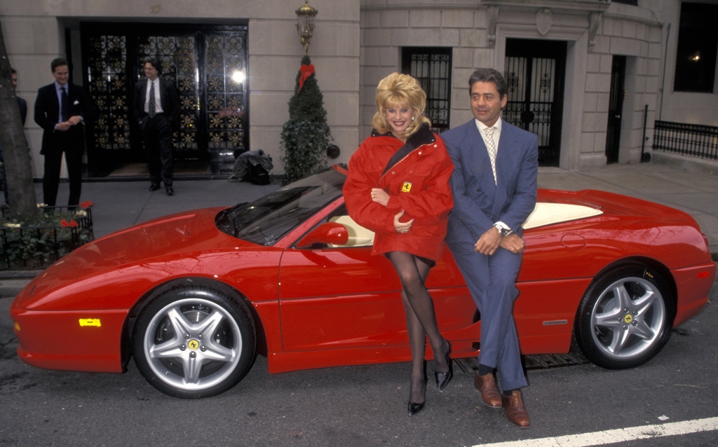 Ivana Trump and Roffredo Gaetani in front of the red Ferrari he gifted her for her birthday