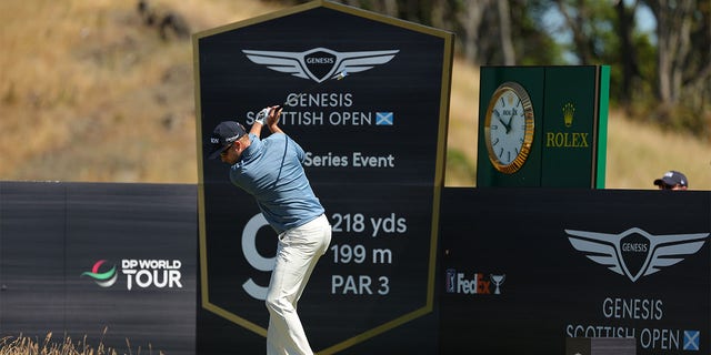 Russell Knox of Scotland tees off the 9th during Day One of the Genesis Scottish Open at The Renaissance Club on July 07, 2022 in North Berwick, Scotland. 