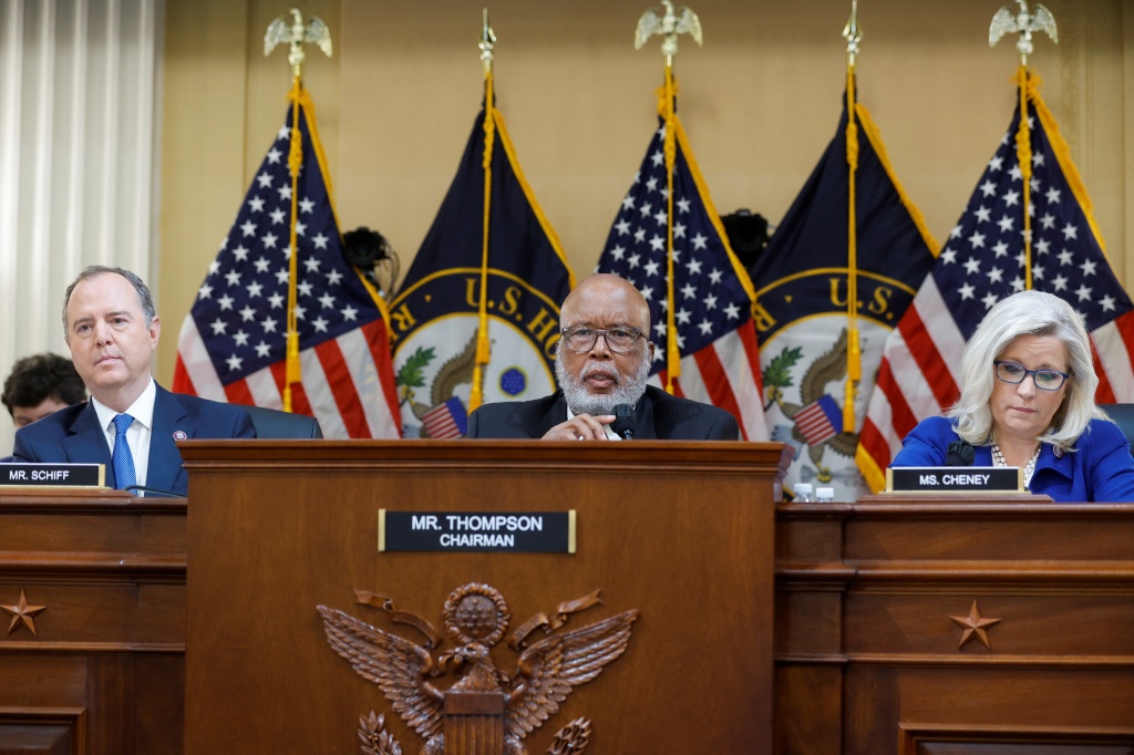 Bennie Thompson, Rep. Liz Cheney, and Rep. Adam Schiff attend a public hearing for the January 6 attack in Capitol Hill.