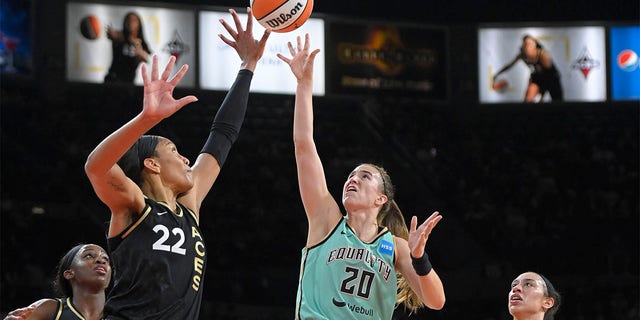 Sabrina Ionescu #20 of the New York Liberty shoots the ball during the game against the Las Vegas Aces  on July 6, 2022 at vivint.SmartHome Arena in Salt Lake City, Utah. 