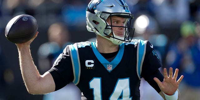 Panthers quarterback Sam Darnold passes against the New England Patriots, Nov. 7, 2021, in Charlotte, North Carolina.