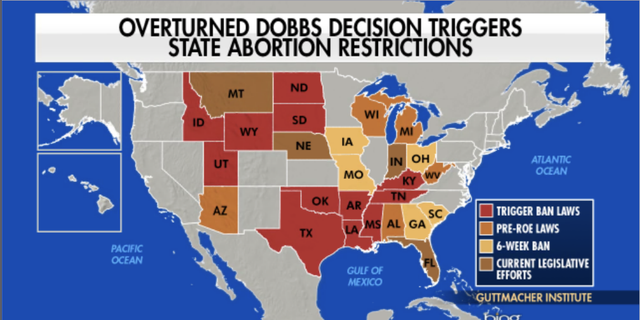 Map of states that have laws "triggered" by the overturn of Roe v. Wade.