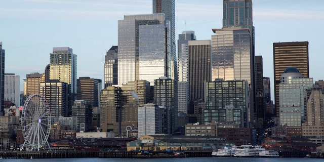 The Seattle skyline is pictured from a Washington State Ferry 