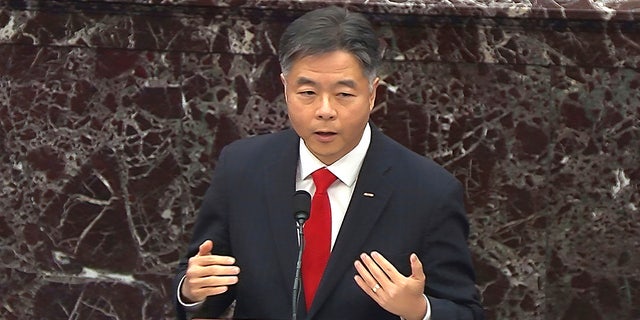 In this image from video, Rep. Ted Lieu, D-Calif., speaks during the second impeachment trial of former President Donald Trump in the Senate at the U.S. Capitol in Washington Feb. 10, 2021.