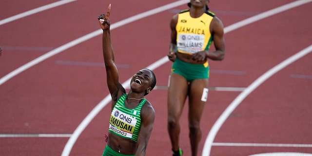 Tobi Amusan, of Nigeria, celebrates winning the women's 100-meter hurdles final at the World Athletics Championships on Sunday, July 24, 2022, in Eugene, Ore.