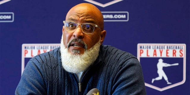 Major League Baseball Players Association Executive Director Tony Clark answers a question at a press conference in their offices in New York, Friday, March 11, 2022.