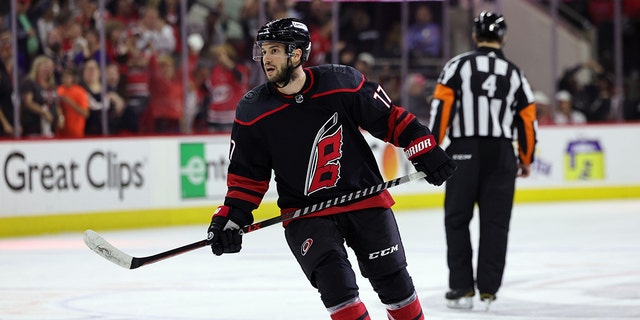 Tony DeAngelo of the Carolina Hurricanes scores a goal in Game 7 of the second round of the 2022 Stanley Cup playoffs against the New York Rangers May 30, 2022, at PNC Arena in Raleigh, N.C.