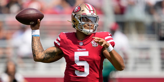 San Francisco 49ers quarterback Trey Lance passes against the Las Vegas Raiders during the first half of an NFL preseason football game in Santa Clara, Calif., Sunday, Aug. 29, 2021.