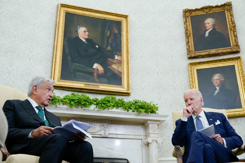 President Joe Biden listens as Mexican President Andrés Manuel López Obrador speaks.