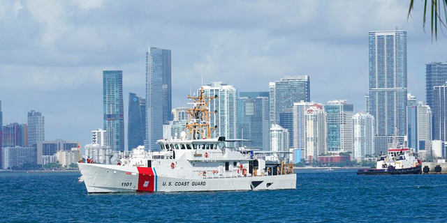 The U.S. Coast Guard ship Bernard C. Webber, leaves the coast guard base, Monday, July 19, 2021, in Miami Beach, Fla. 