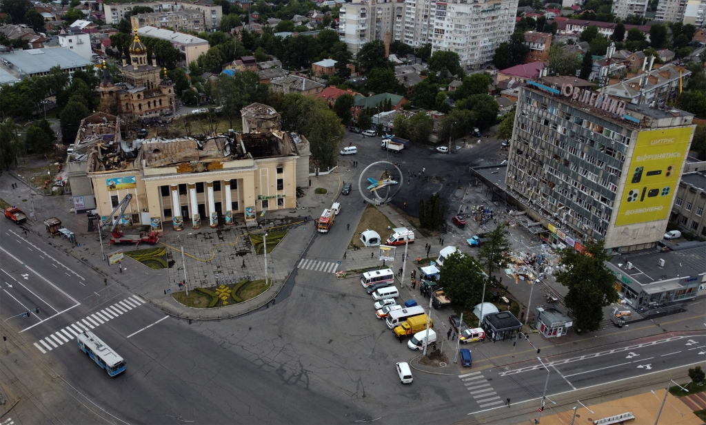 An aerial view shows buildings damaged by a Russian missile strike, as Russia's attack on Ukraine continues.