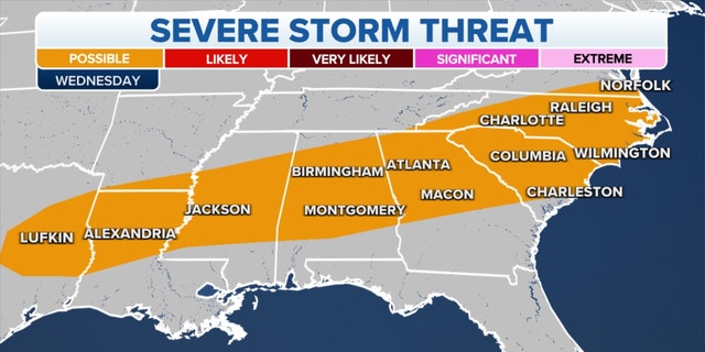 The threat of severe storms Wednesday in the southeastern U.S.