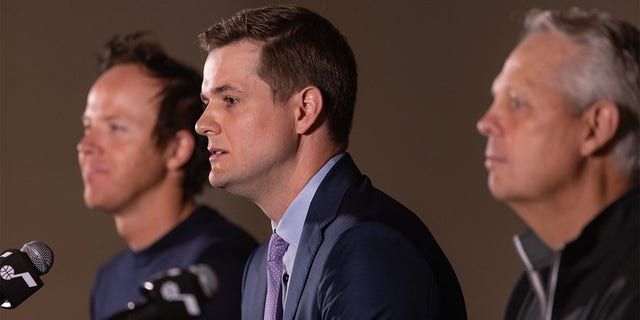 Ryan Smith Owner, Will Hardy Head Coach and Danny Ainge CEO of Basketball Operations of the Utah Jazz speak during a press conference about Will Hardy as the new Head Coach at vivint.SmartHome Arena on July 05, 2022 in Salt Lake City, Utah.