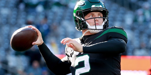 Zach Wilson, #2 of the New York Jets, warms up before the game against the Jacksonville Jaguars at MetLife Stadium on December 26, 2021 in East Rutherford, New Jersey.