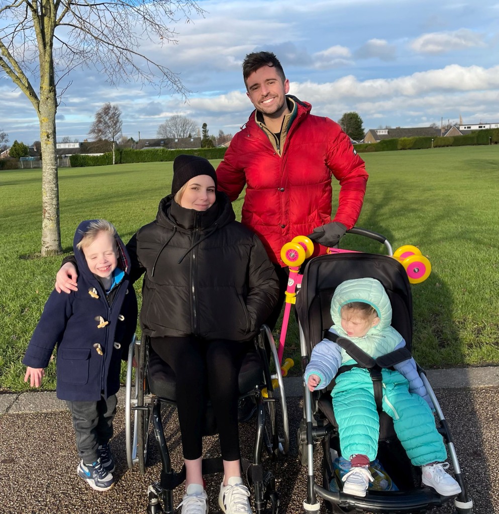 PIC FROM  Kennedy News and Media (PICTURED: JOHN AND JADE REYNOLDS, 33 AND 32, FROM PRESTON, LANCASHIRE, WITH THEIR KIDS, ELIJAH REYNOLDS, FIVE, AND ARELI REYNOLDS, TWO) A man with a disabled wife has revealed the most 'outrageous' questions he gets asked - including whether the couple can have sex or if he 'has a thing' for people in wheelchairs. John and Jade Reynolds, from Preston, Lancashire, regularly get asked invasive questions, both in real life and online, from people wanting to know about the more intimate details of their marriage. Mum-of-two Jade, who was diagnosed with acute transverse myelitis of her spinal cord at the age of 12, admitted that she is regularly asked about whether she can have kids - and even had a stranger ask to touch her leg to see if she could feel it. DISCLAIMER: While Kennedy News and Media uses its best endeavours to establish the copyright and authenticity of all pictures supplied, it accepts no liability for any damage, loss or legal action caused by the use of images supplied and the publication of images is solely at your discretion. SEE KENNEDY NEWS COPY - 0161 697 4266