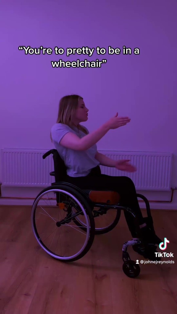 PIC FROM  Kennedy News and Media (PICTURED: JADE REYNOLDS, 32, FROM PRESTON, LANCASHIRE, SHARED SOME OF THE AWKWARD QUESTIONS SHE RECEIVES AS A WHEELCHAIR USER) A man with a disabled wife has revealed the most 'outrageous' questions he gets asked - including whether the couple can have sex or if he 'has a thing' for people in wheelchairs. John and Jade Reynolds, from Preston, Lancashire, regularly get asked invasive questions, both in real life and online, from people wanting to know about the more intimate details of their marriage. Mum-of-two Jade, who was diagnosed with acute transverse myelitis of her spinal cord at the age of 12, admitted that she is regularly asked about whether she can have kids - and even had a stranger ask to touch her leg to see if she could feel it. DISCLAIMER: While Kennedy News and Media uses its best endeavours to establish the copyright and authenticity of all pictures supplied, it accepts no liability for any damage, loss or legal action caused by the use of images supplied and the publication of images is solely at your discretion. SEE KENNEDY NEWS COPY - 0161 697 4266