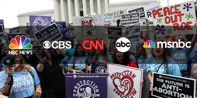 Anti-abortion demonstrators outside the U.S. Supreme Court in Washington, D.C., after the ruling on Roe v. Wade on Friday, June 24, 2022, transposed with images of major media networks. 